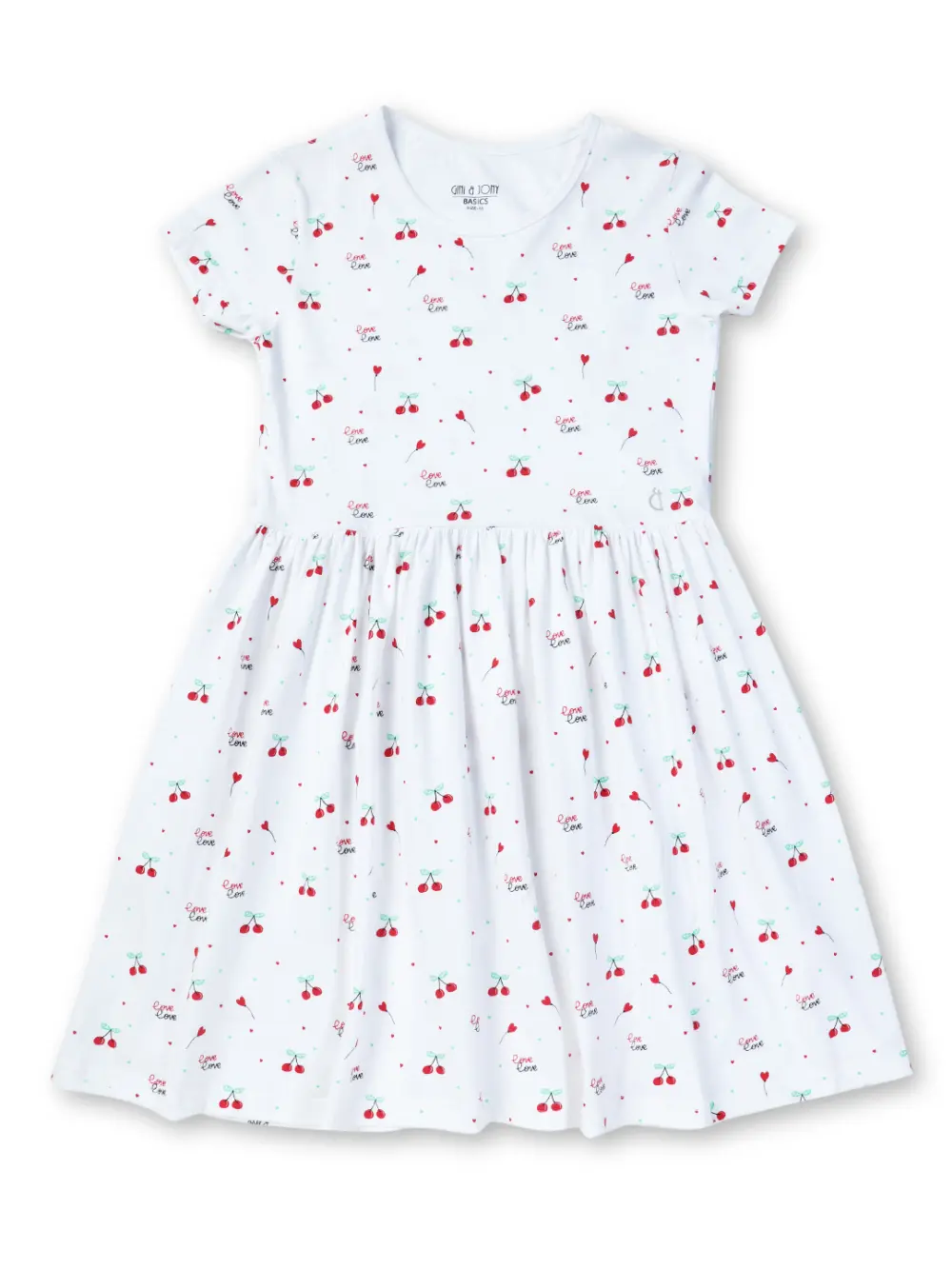 Gini And Jony Girls White Conversational Cotton Dress Half Sleeves