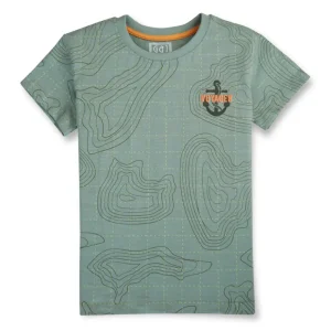 Gini And Jony Boys Green Topographic Print Cotton T-Shirt Half Sleeves