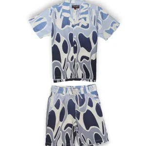 Gini And Jony Boys Blue Abstract Print Cotton Co-Ordinate Half Sleeves