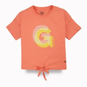 Gini And Jony Girls Peach Typographic Print Cotton Knits Top Half Sleeves 9-10 Years