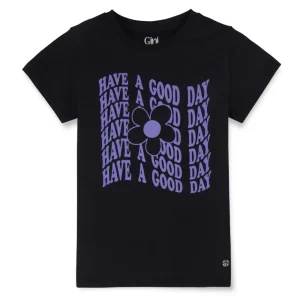 Gini And Jony Girls Black Typographic Print Cotton Knits Top Half Sleeves 9-10 Years