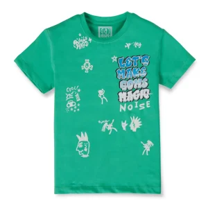Gini And Jony Boys Green Typographic Print Cotton Lycra T-Shirt Half Sleeves