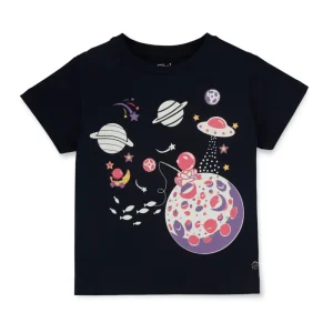 Gini And Jony Girls Navy Blue Graphic Print Cotton Lycra Knits Top Half Sleeves 9-12 Months
