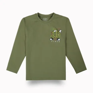 Gini And Jony Boys Olive Typographic Print Cotton T-Shirt Full Sleeves