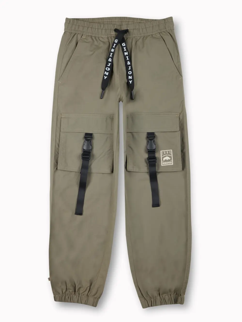 Gini And Jony Boys Olive Typographic Print Cotton Trouser Elasticated
