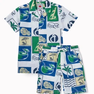 Gini And Jony Boys Off White Tropical Print Cotton Co-Ordinate Half Sleeves