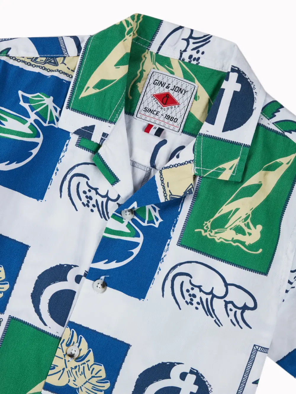 Gini And Jony Boys Off White Tropical Print Cotton Co-Ordinate Half Sleeves