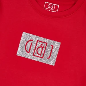 Gini And Jony Girls Red Glitter Print Cotton Knits Top Half Sleeves 9-10 Years