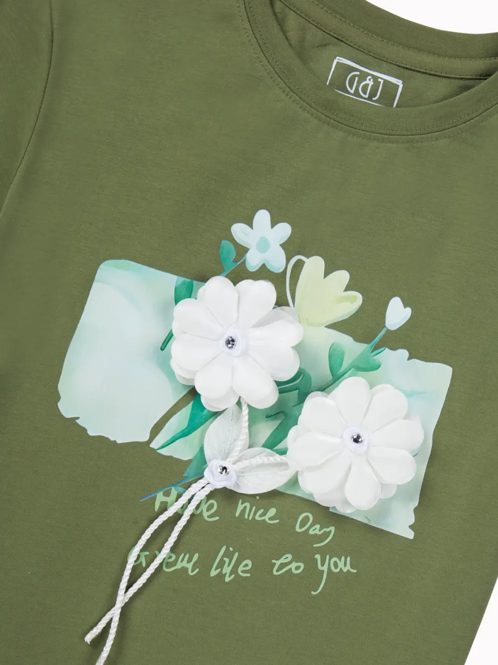 Gini And Jony Girls Olive Applique Cotton Knits Top Half Sleeves 11-12 Years