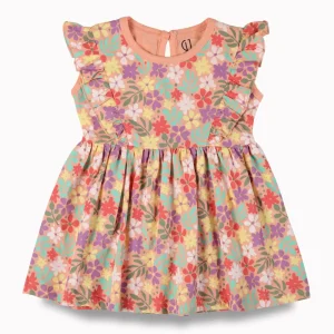 Gj Baby Girls Peach Floral Print Cotton Dress Sleeveless