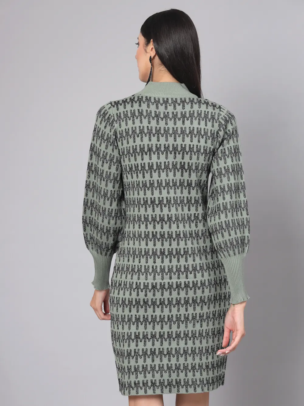 Geometric Printed High Neck Cuffed Sleeves T-Shirt Dresses
