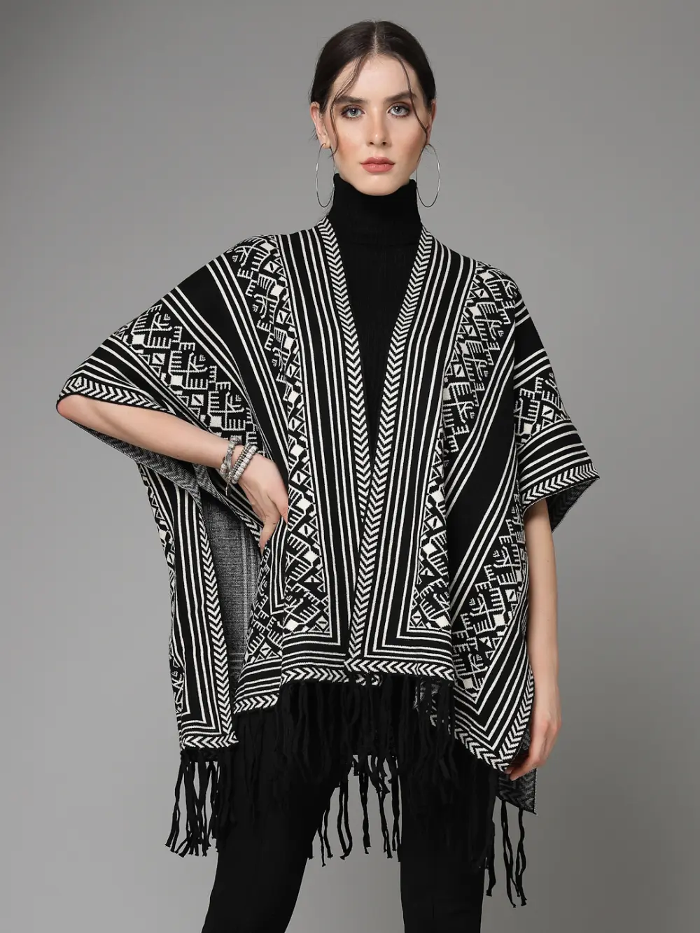 Geometric Printed Longline Poncho