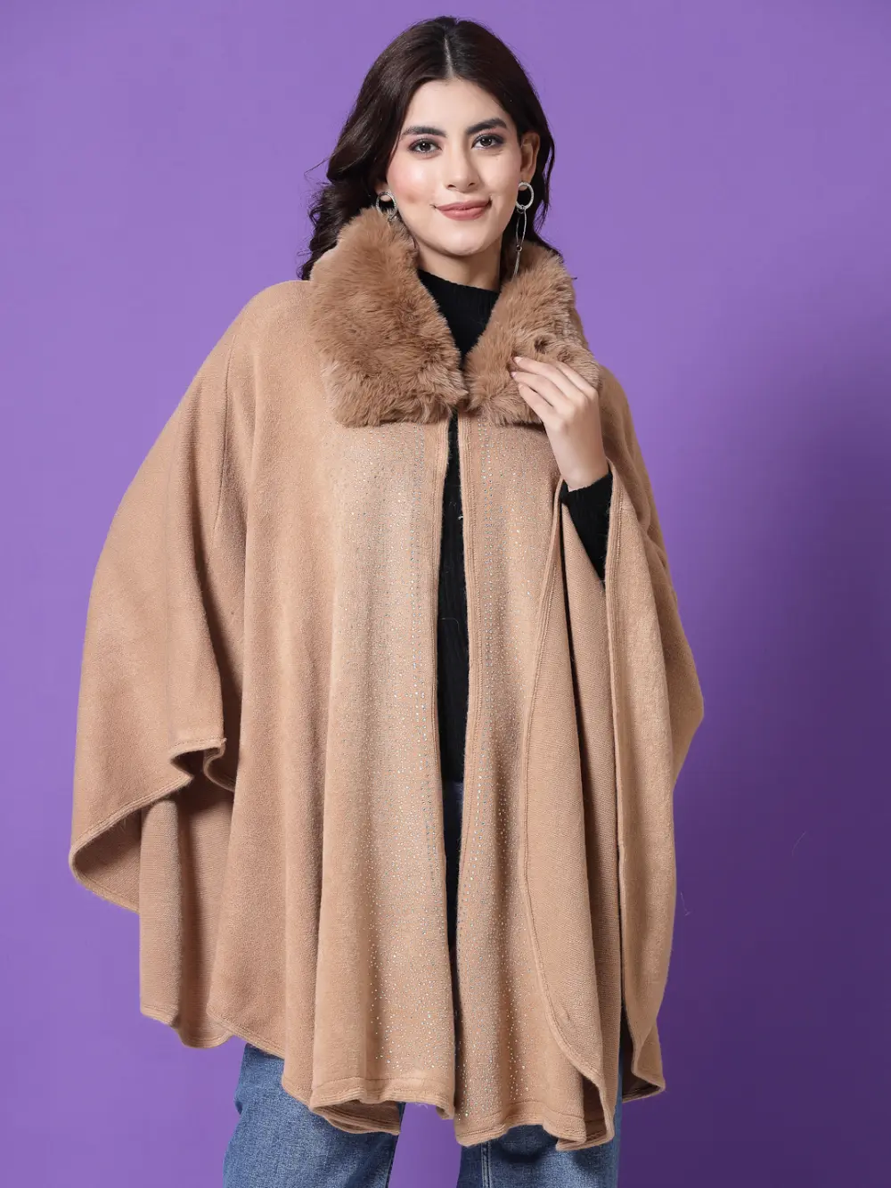 Shirt Collar Embellished Longline Poncho