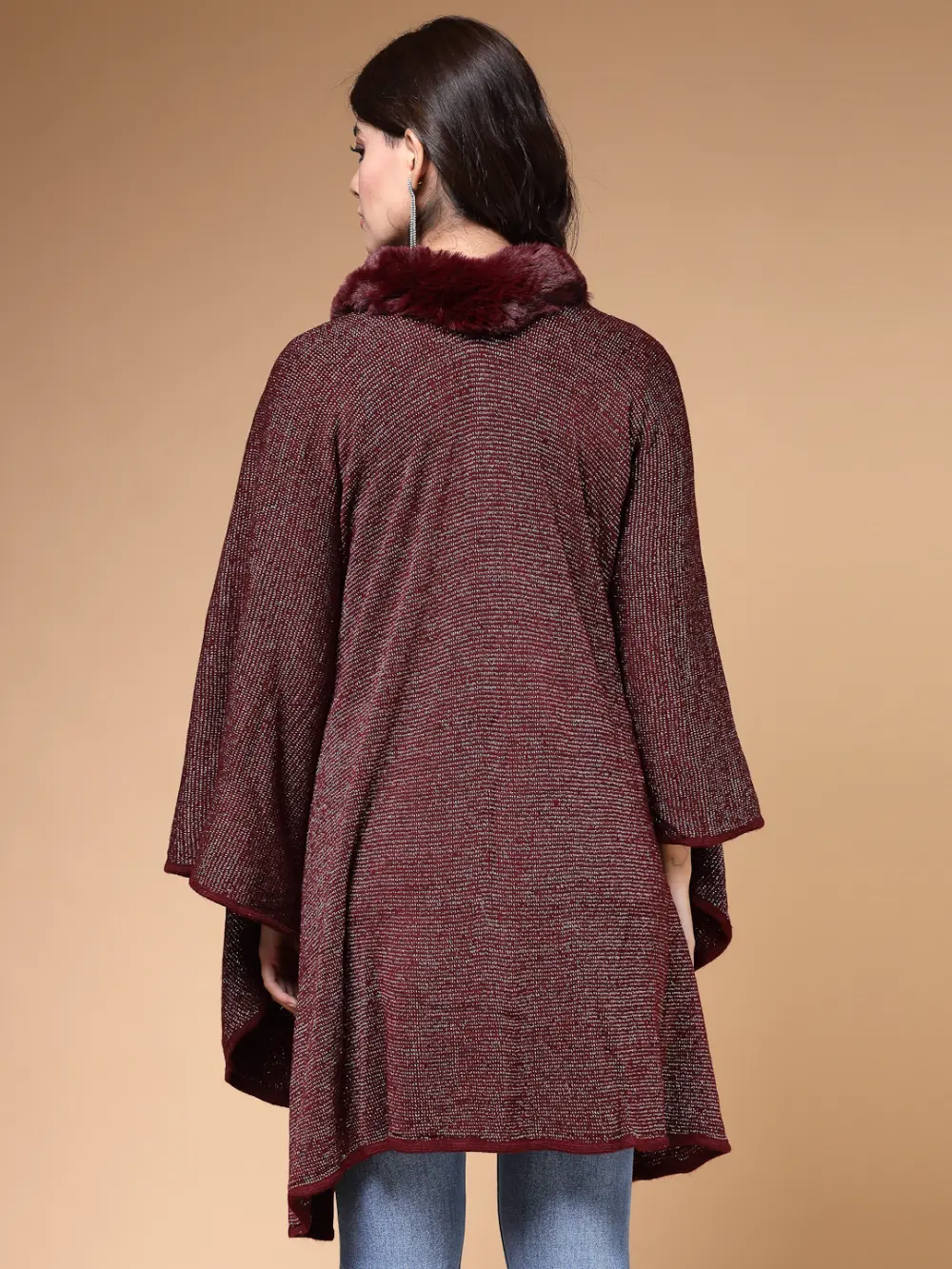 Longline Poncho With Faux Fur Detail