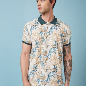 Status Quo Men'S Floral Printed Polo Collar Short Sleeves Regular Fit Tshirt