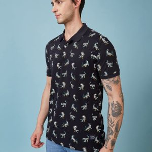 Status Quo Men'S Animal Printed Polo Collar Short Sleeves Regular Fit Tshirt