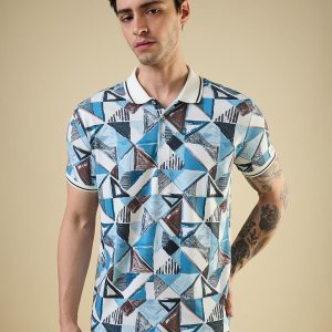 Status Quo Men'S All-Over Geometric Printed Polo Collar Half Sleeves Regular Fit Tshirt