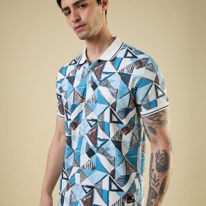 Status Quo Men'S All-Over Geometric Printed Polo Collar Half Sleeves Regular Fit Tshirt