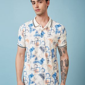 Status Quo Men'S Geometric Printed Polo Collar Short Sleeves Regular Fit Tshirt