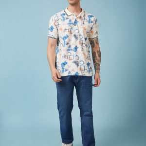 Status Quo Men'S Geometric Printed Polo Collar Short Sleeves Regular Fit Tshirt