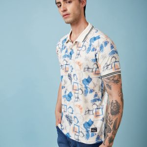 Status Quo Men'S Geometric Printed Polo Collar Short Sleeves Regular Fit Tshirt