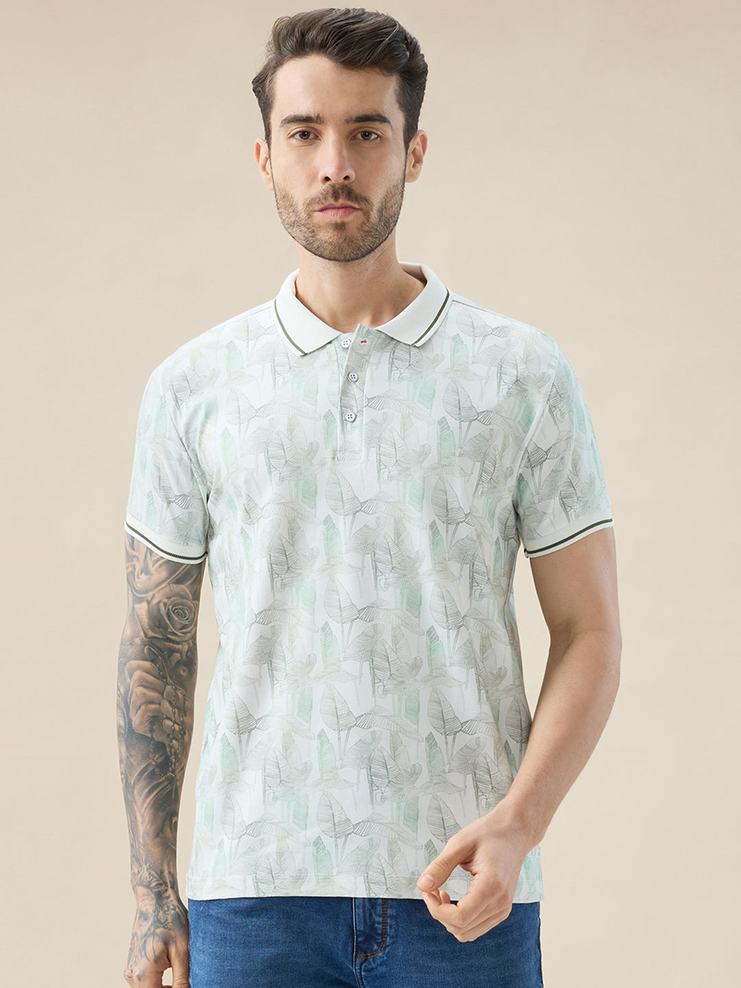Status Quo Men'S Half Sleeves Regular Fit Tropical Polo Tshirt With Tipping
