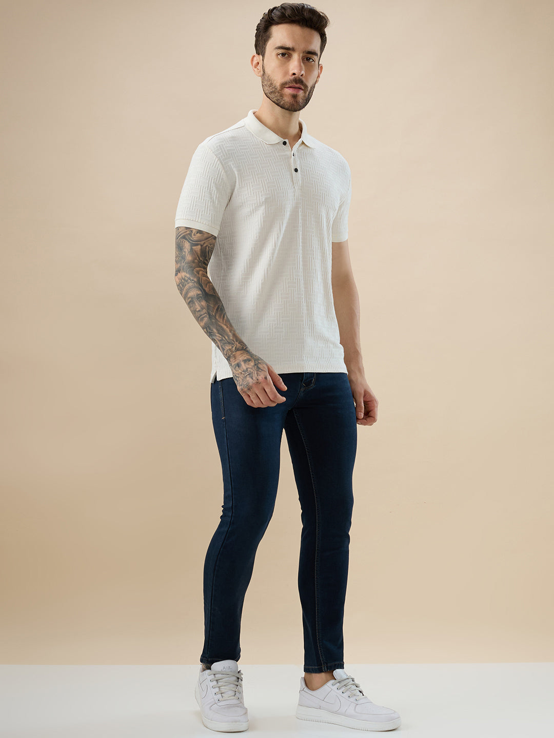 Status Quo Men'S Geometric Textured Half Sleeves Regular Fit Polo T-Shirt