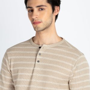 Mens Striped Henley Neck Full Sleeve T-Shirt