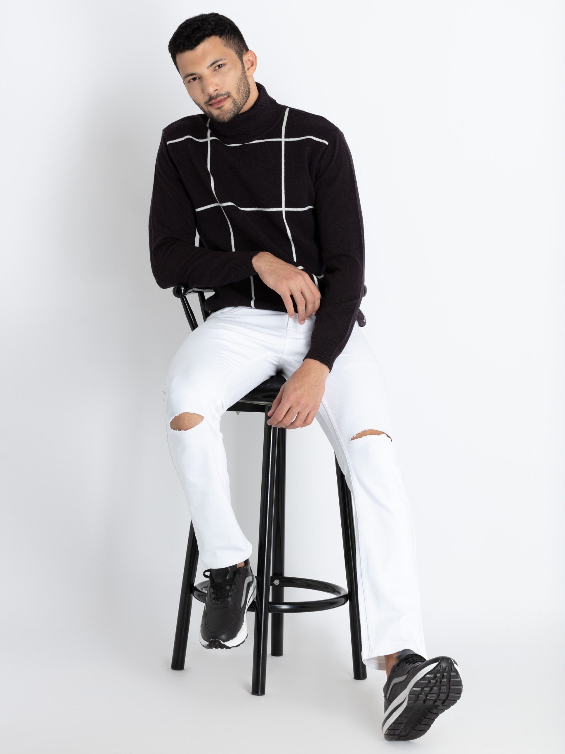 Status Quo Men'S Checkered Turtle Neck Sweater