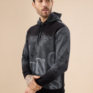 Status Quo Men'S Chest Embossed Print Full Sleeve Hooded Fleece Sweatshirt