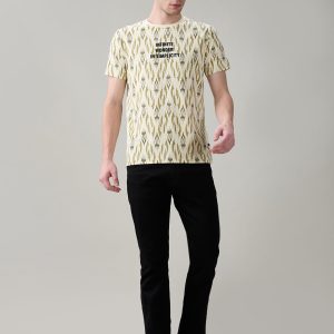Status Quo Men'S Ikat Printed Cotton Round Neck T-Shirt With Minimal Typography