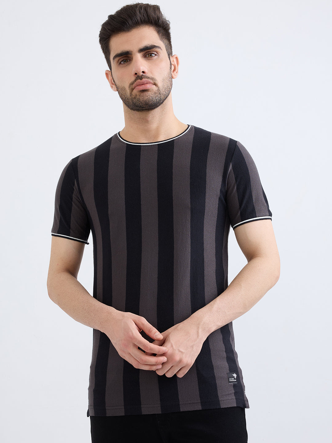 Status Quo Men'S Striped Half Sleeves Round Neck Regular Fit Tshirt