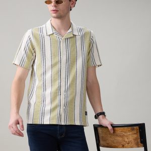 Status Quo Men'S Striped Cuban Collar Half Sleeves Regular Fit Shirt
