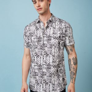 Status Quo Men'S Geometric Printed Half Sleeves Collared Neck Regular Fit Shirt
