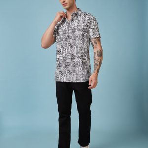 Status Quo Men'S Geometric Printed Half Sleeves Collared Neck Regular Fit Shirt