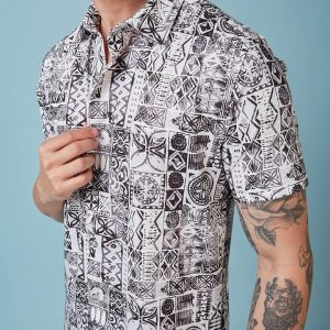 Status Quo Men'S Geometric Printed Half Sleeves Collared Neck Regular Fit Shirt