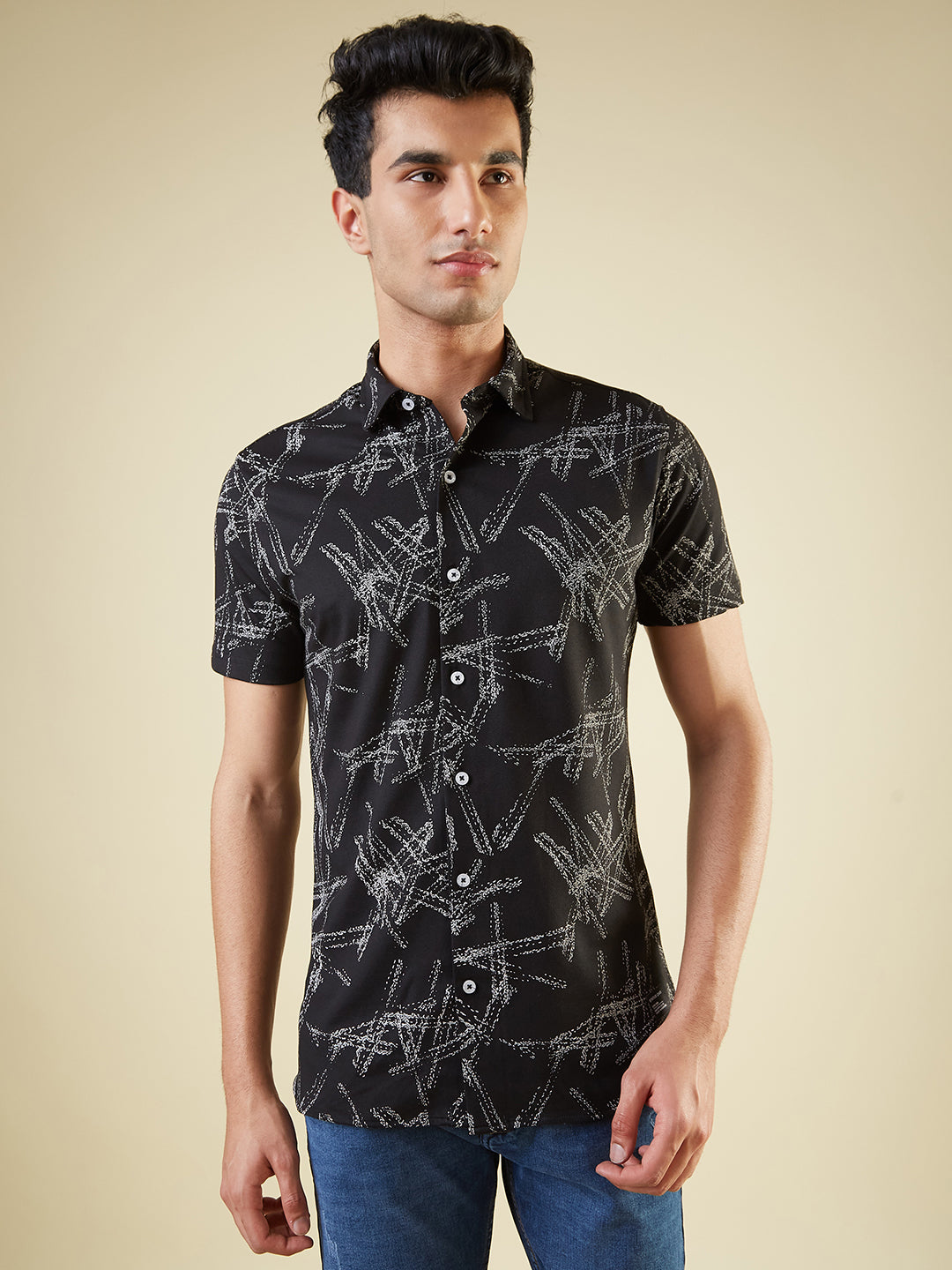 Status Quo Men'S Abstract Printed Half Sleeves Collared Neck Regular Fit Shirt