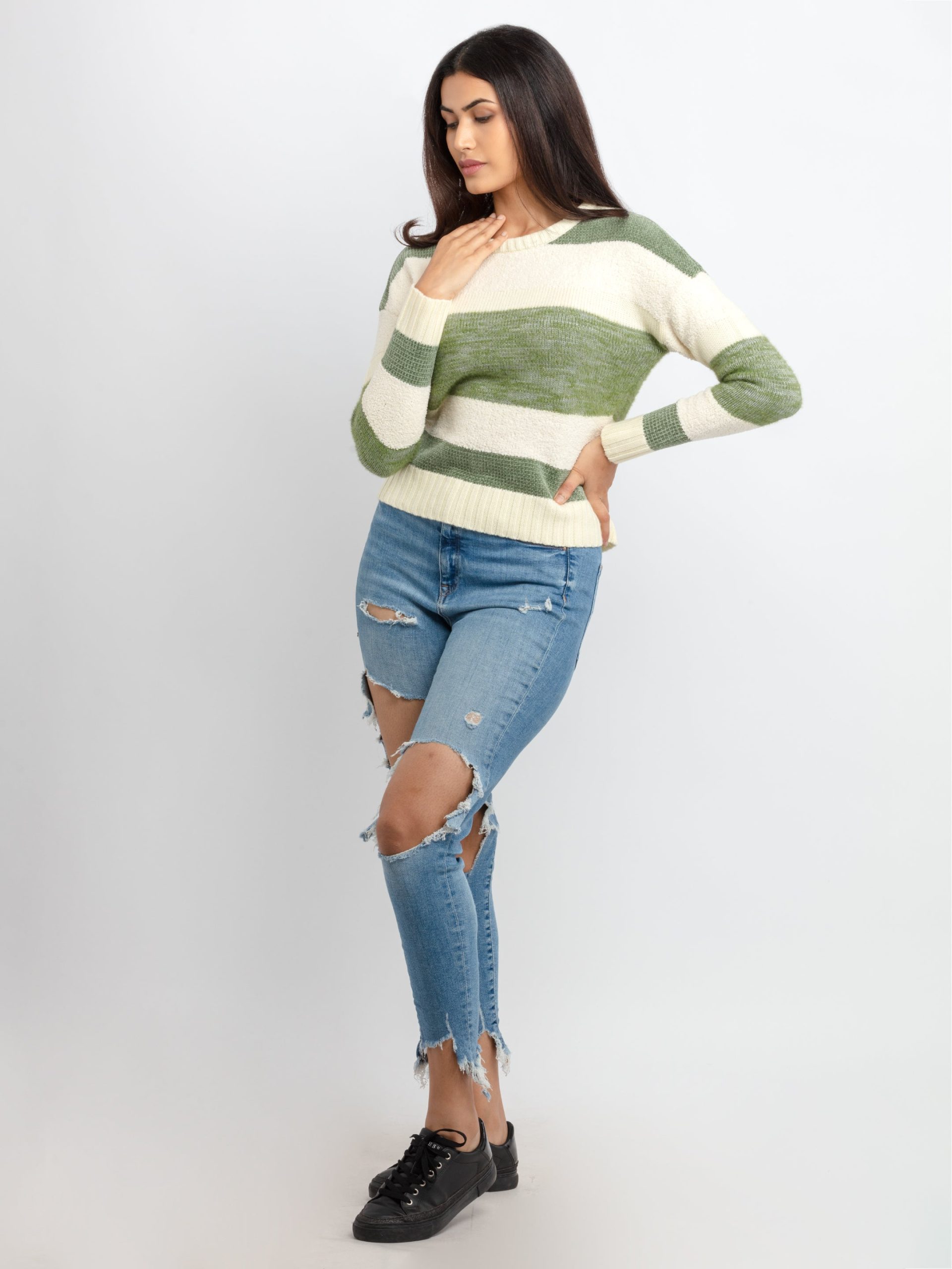 Womens Striped Round Neck Sweater