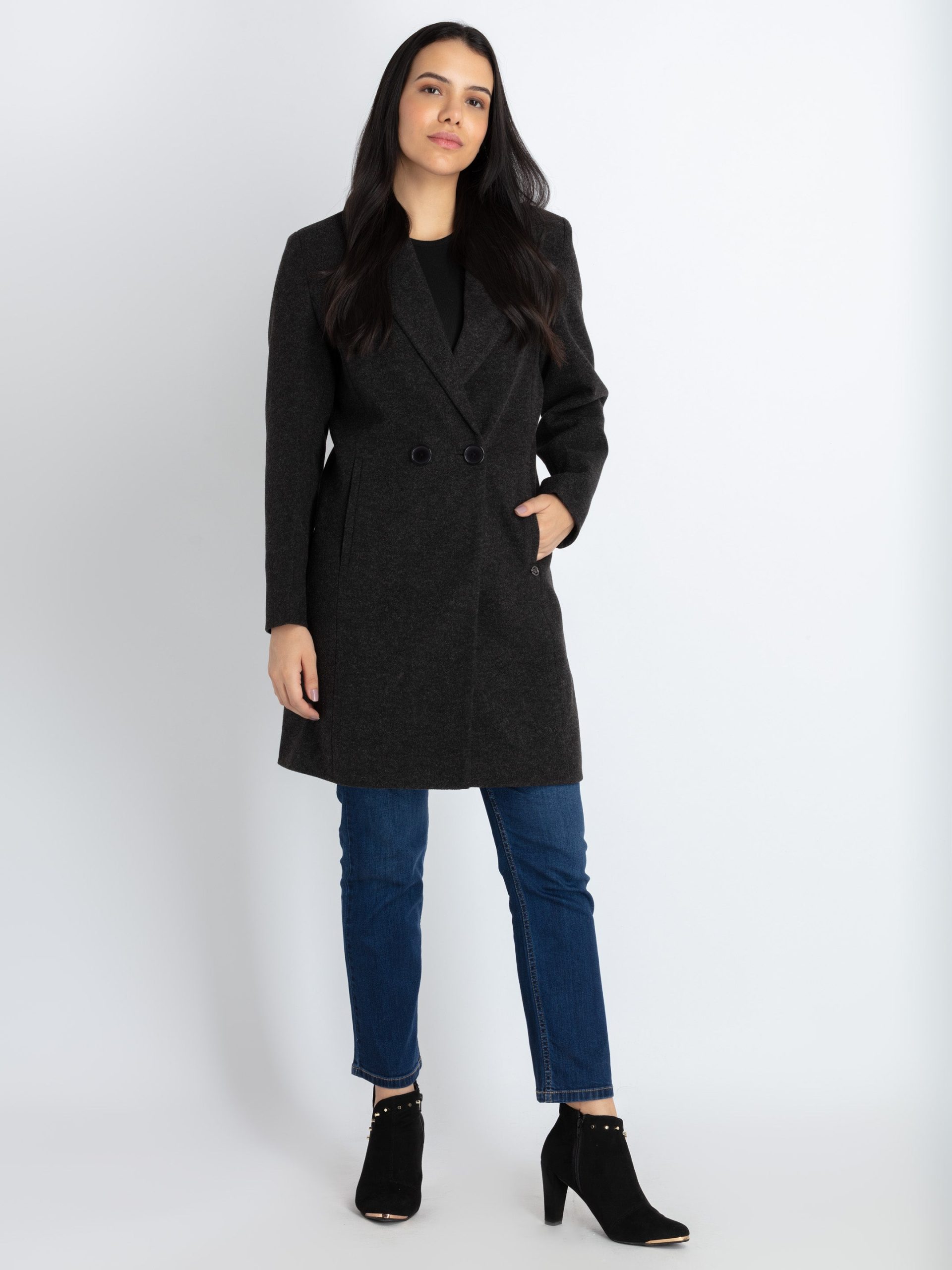 Status Quo Womens Solid Collared Neck Long Coat